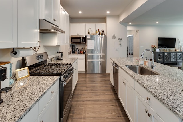 kitchen featuring sink, appliances with stainless steel finishes, light stone counters, white cabinets, and dark hardwood / wood-style flooring