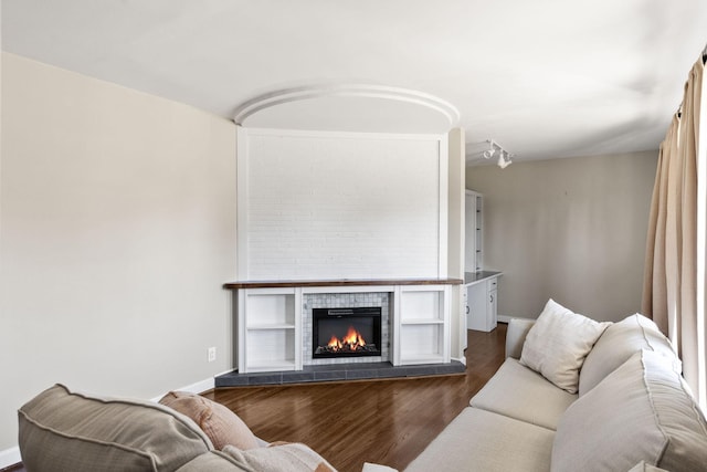 living room with a fireplace, dark wood-type flooring, and track lighting