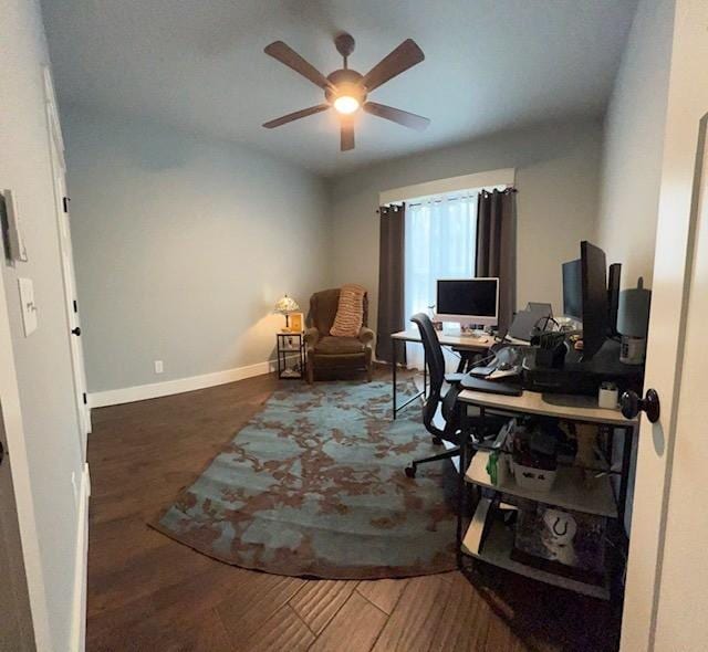 office area with dark hardwood / wood-style floors and ceiling fan