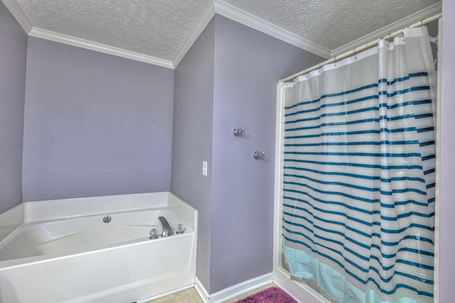 bathroom with crown molding, a textured ceiling, and separate shower and tub