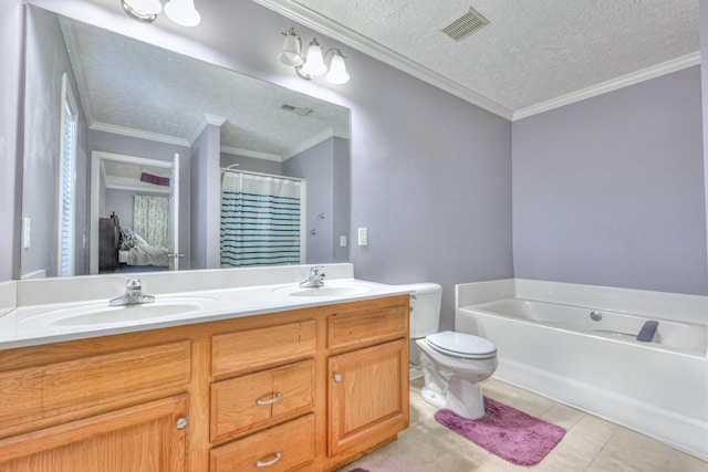 bathroom featuring a tub to relax in, toilet, a textured ceiling, ornamental molding, and vanity