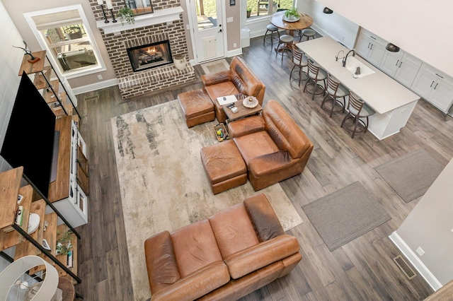 living room with a fireplace and wood-type flooring