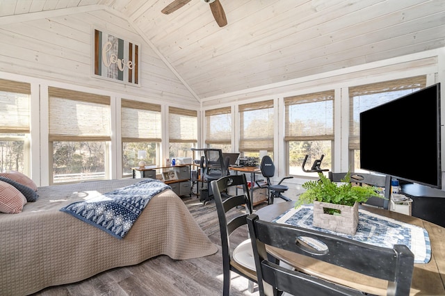 bedroom with wood ceiling, wood-type flooring, and high vaulted ceiling