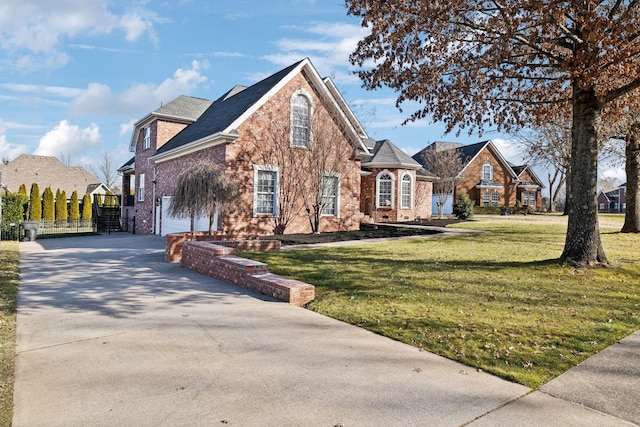 front facade with a garage and a front lawn