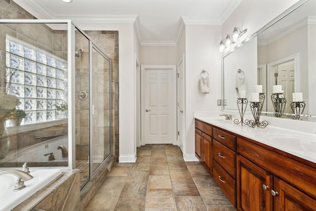 bathroom featuring vanity, separate shower and tub, and ornamental molding