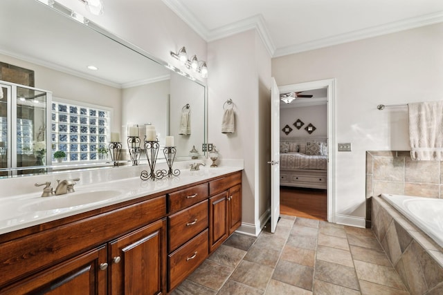 bathroom featuring crown molding, ceiling fan, vanity, and shower with separate bathtub