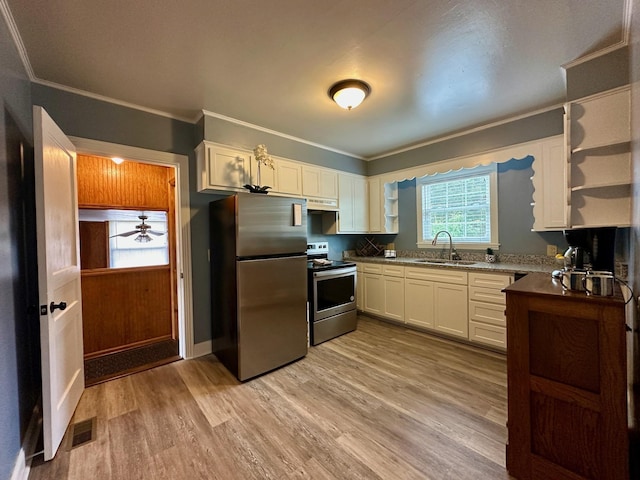 kitchen with sink, ornamental molding, stainless steel appliances, and white cabinets