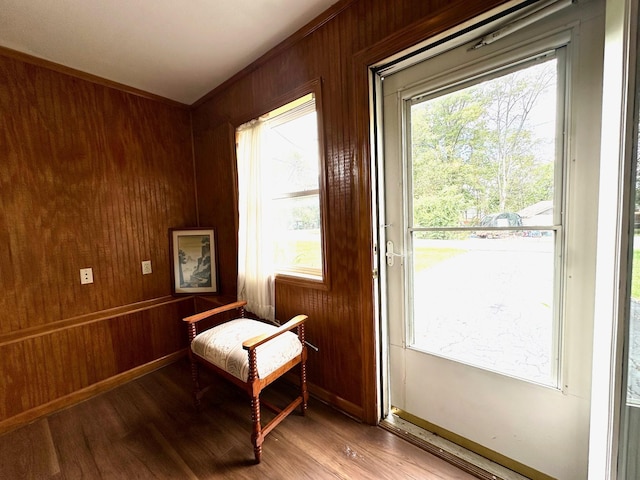 sitting room featuring hardwood / wood-style flooring, plenty of natural light, and wood walls