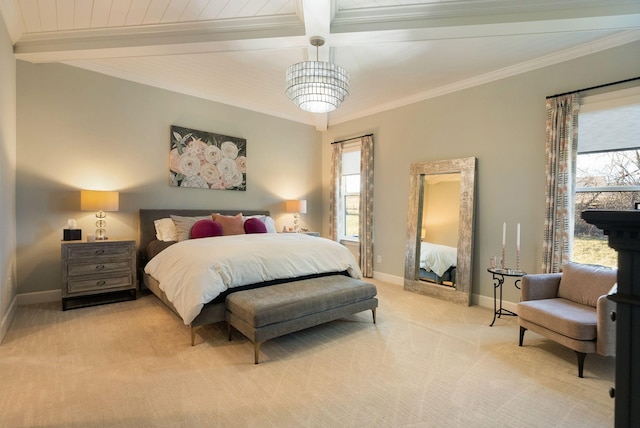 carpeted bedroom with ornamental molding and beamed ceiling