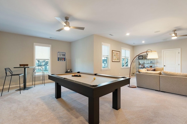 game room with billiards, light colored carpet, and ceiling fan