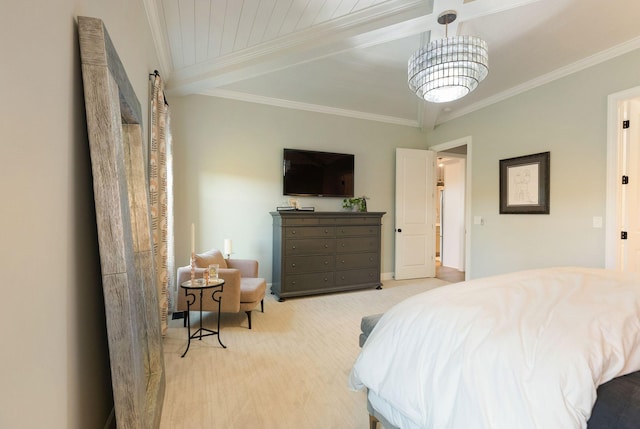 bedroom featuring ornamental molding, light colored carpet, and beam ceiling