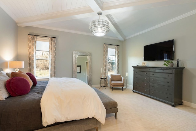 carpeted bedroom featuring beamed ceiling and crown molding