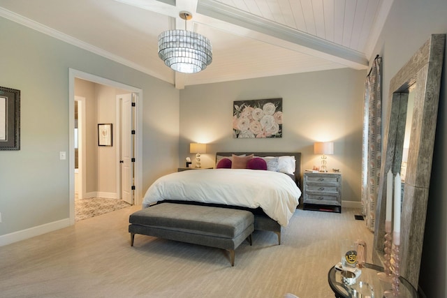 bedroom featuring crown molding and beam ceiling