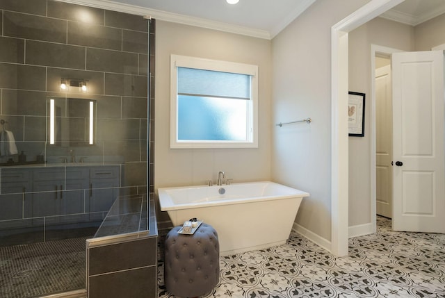 bathroom with tile patterned floors, ornamental molding, and plus walk in shower