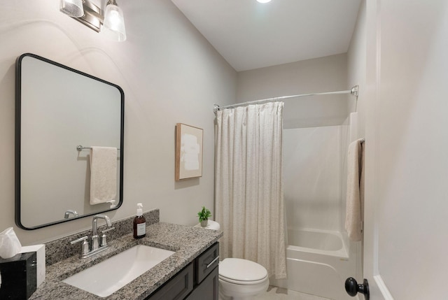 full bathroom featuring vanity, shower / bath combination with curtain, and toilet