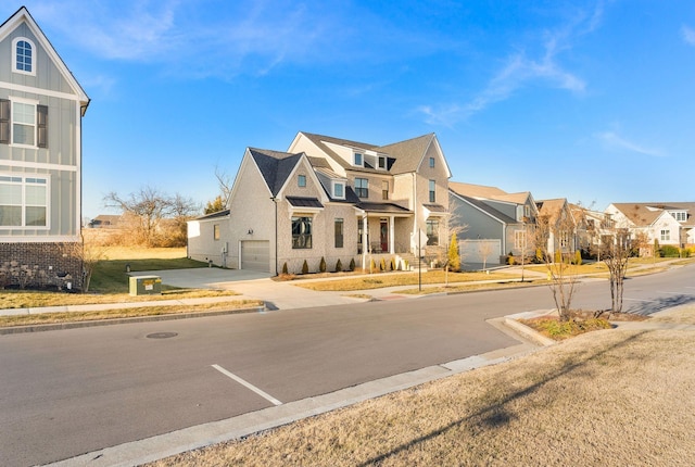 view of road with a garage