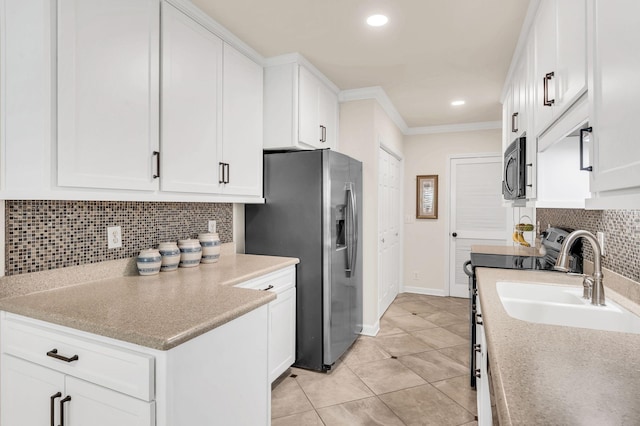 kitchen with sink, crown molding, stainless steel refrigerator with ice dispenser, white cabinets, and light tile patterned flooring