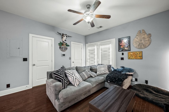 living room with ceiling fan, dark hardwood / wood-style floors, and electric panel