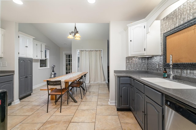 kitchen featuring white cabinetry, sink, backsplash, and dishwasher