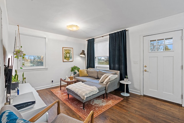 living room with dark hardwood / wood-style flooring