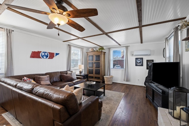 living room featuring dark hardwood / wood-style flooring, ceiling fan, and a wall mounted AC