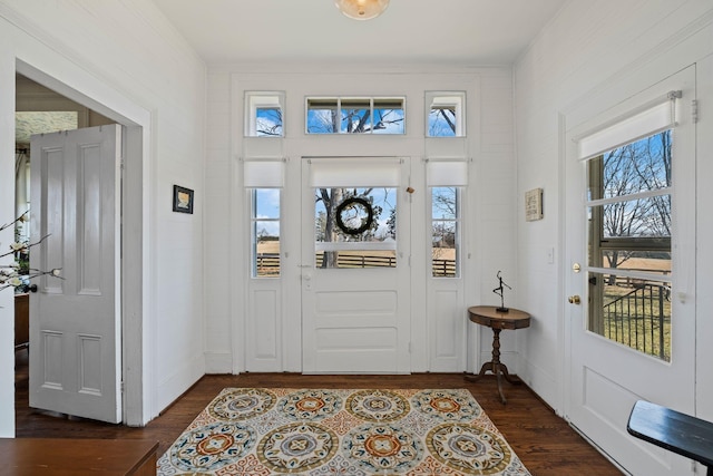 entryway featuring crown molding, plenty of natural light, and dark wood-type flooring