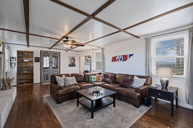 living room featuring ceiling fan, dark hardwood / wood-style floors, and beam ceiling