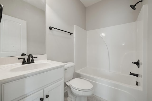 full bathroom featuring shower / bath combination, vanity, tile patterned flooring, and toilet