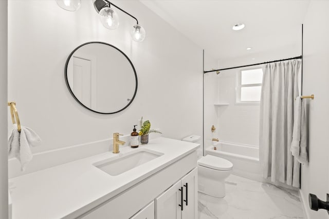 full bathroom featuring vanity, shower / bathtub combination with curtain, and toilet