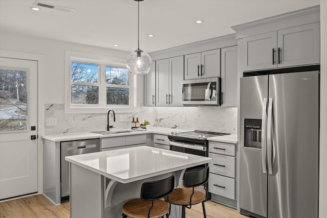 kitchen featuring a kitchen island, pendant lighting, tasteful backsplash, sink, and stainless steel appliances