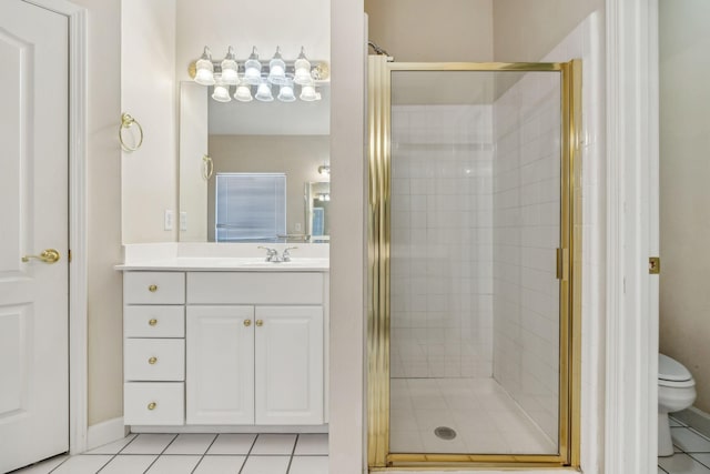 bathroom with tile patterned flooring, vanity, an enclosed shower, and toilet