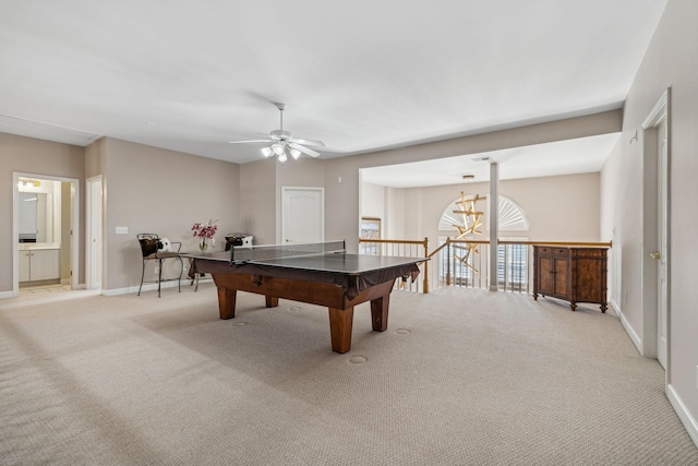 playroom with light colored carpet and ceiling fan