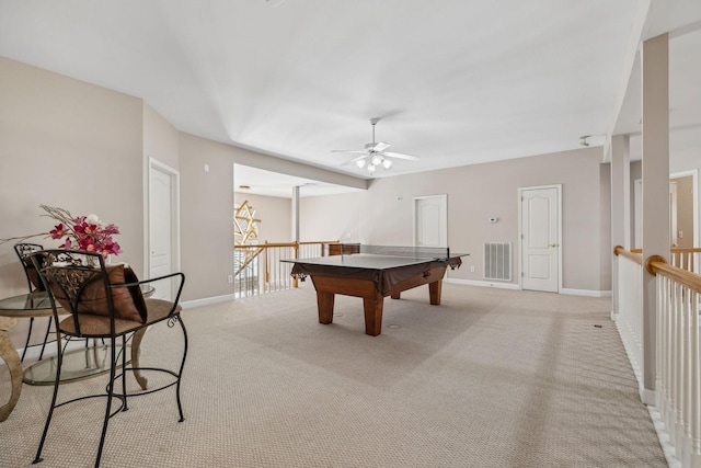 game room featuring ceiling fan and light colored carpet