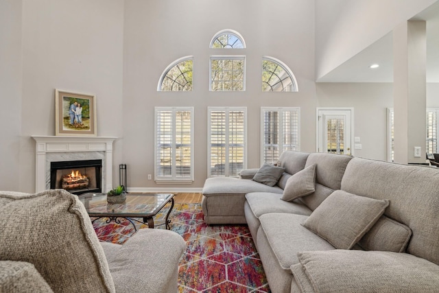 living room with hardwood / wood-style floors, a towering ceiling, and a high end fireplace