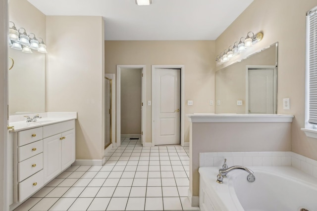 bathroom with vanity, separate shower and tub, and tile patterned flooring