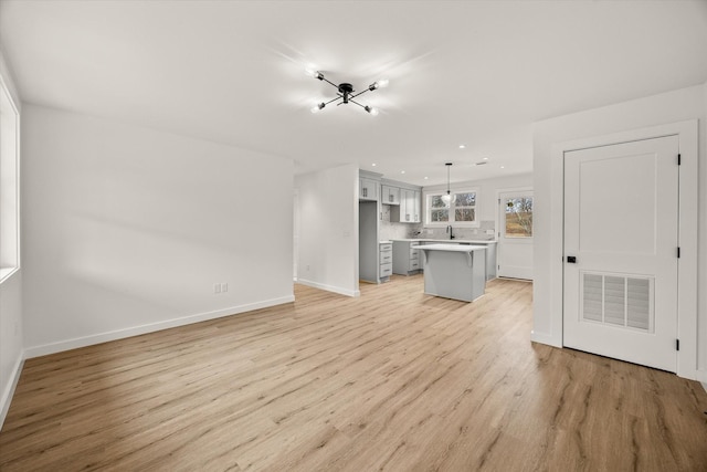 unfurnished living room with sink and light hardwood / wood-style flooring