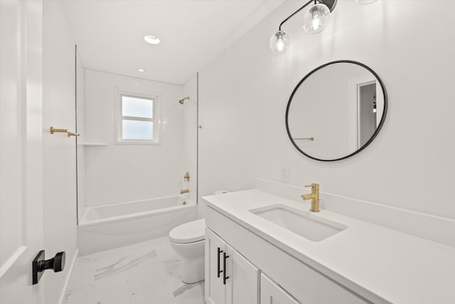 full bathroom featuring tiled shower / bath, vanity, and toilet