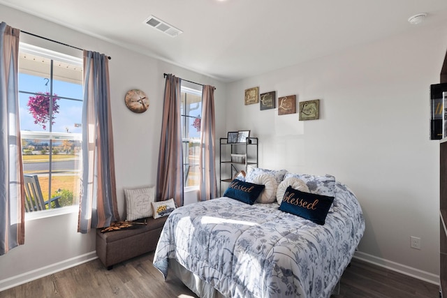 bedroom featuring multiple windows and dark hardwood / wood-style floors