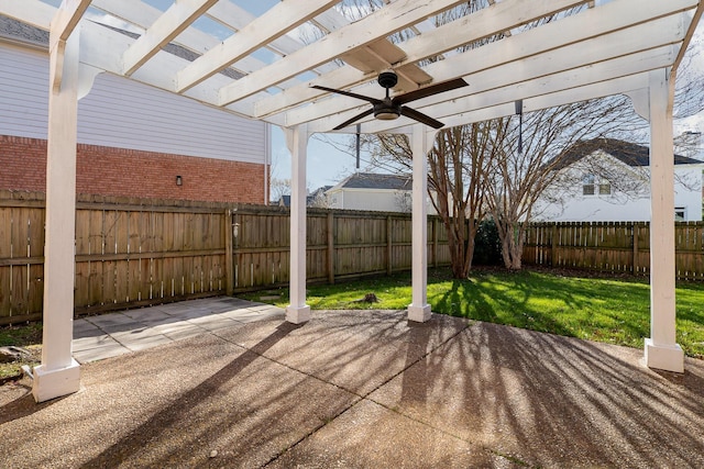 view of patio / terrace with ceiling fan and a pergola