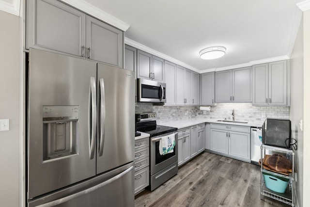 kitchen featuring stainless steel appliances, sink, hardwood / wood-style floors, and decorative backsplash