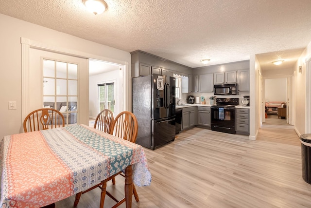 dining room with sink, light hardwood / wood-style flooring, and a textured ceiling