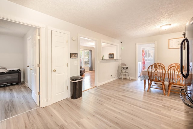 living area featuring light hardwood / wood-style floors and a textured ceiling