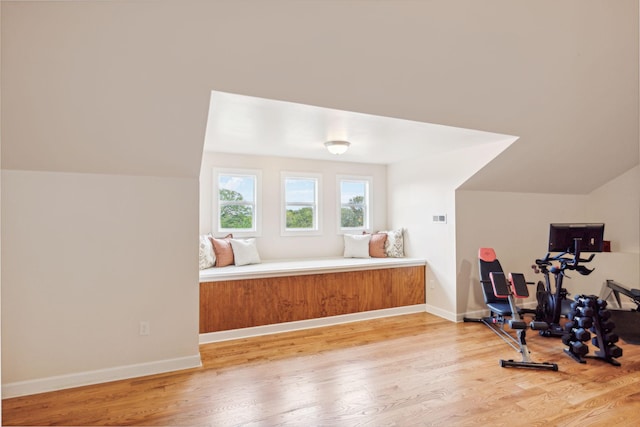 bedroom with vaulted ceiling and hardwood / wood-style floors