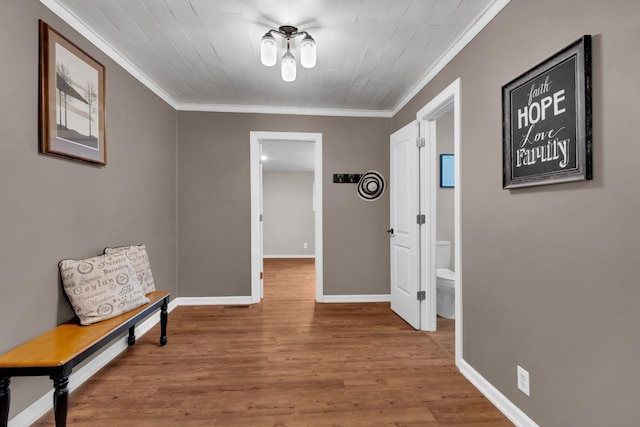 hallway featuring hardwood / wood-style floors and crown molding