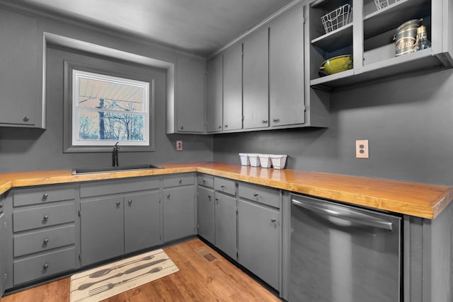 kitchen with gray cabinetry, sink, light hardwood / wood-style floors, and dishwasher