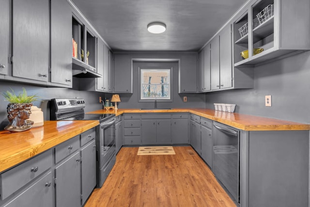 kitchen featuring sink, gray cabinetry, butcher block countertops, and stainless steel electric range