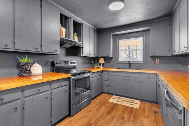 kitchen featuring stainless steel appliances, sink, gray cabinetry, and wood counters