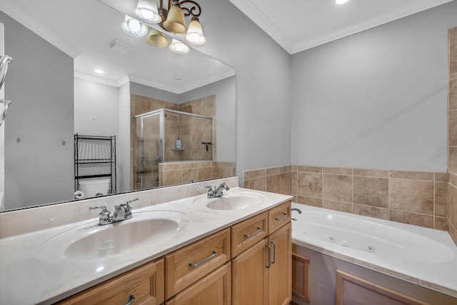 bathroom featuring shower with separate bathtub, a chandelier, vanity, and crown molding