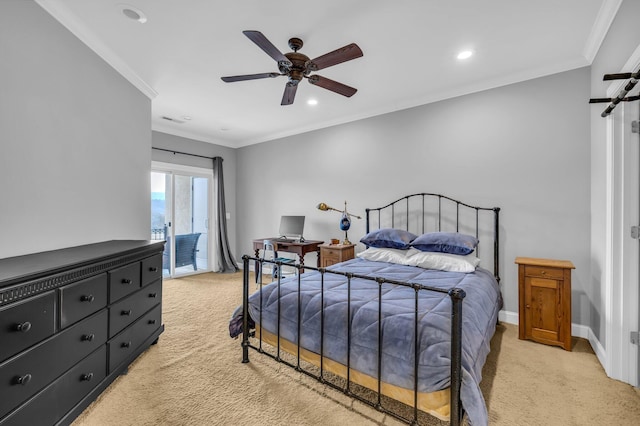 bedroom featuring ceiling fan, ornamental molding, light carpet, and access to outside