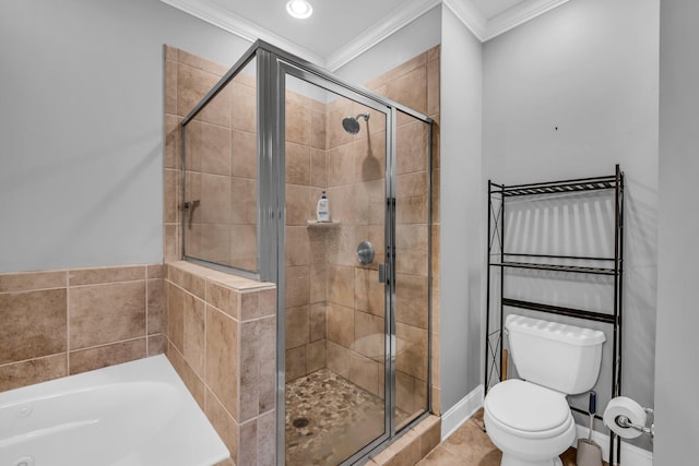 bathroom featuring crown molding, toilet, independent shower and bath, and tile patterned flooring